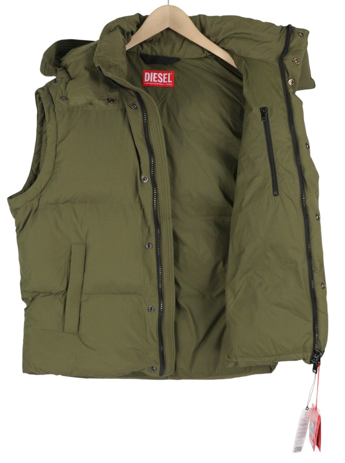 DIESEL W-Rolfys-SL-FD Men Waistcoat 50 L Khaki Removable Hood Insulated RRP€275