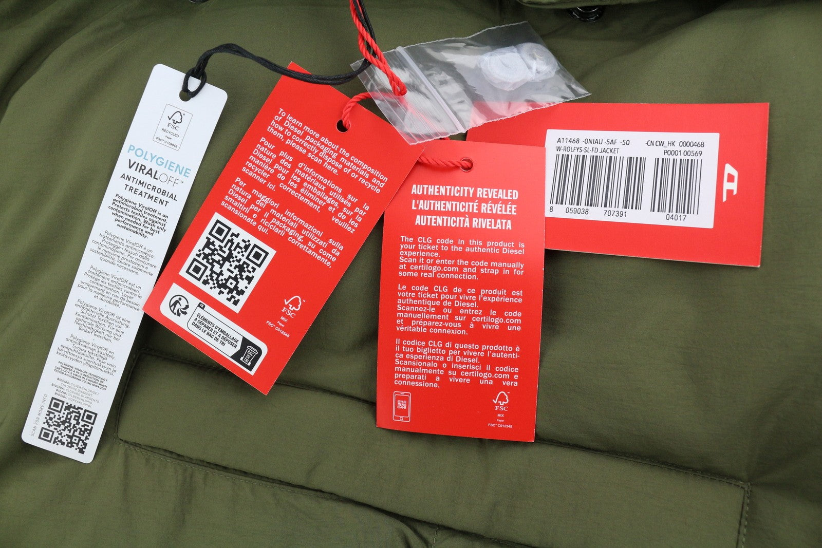 DIESEL W-Rolfys-SL-FD Men Waistcoat 50 L Khaki Removable Hood Insulated RRP€275