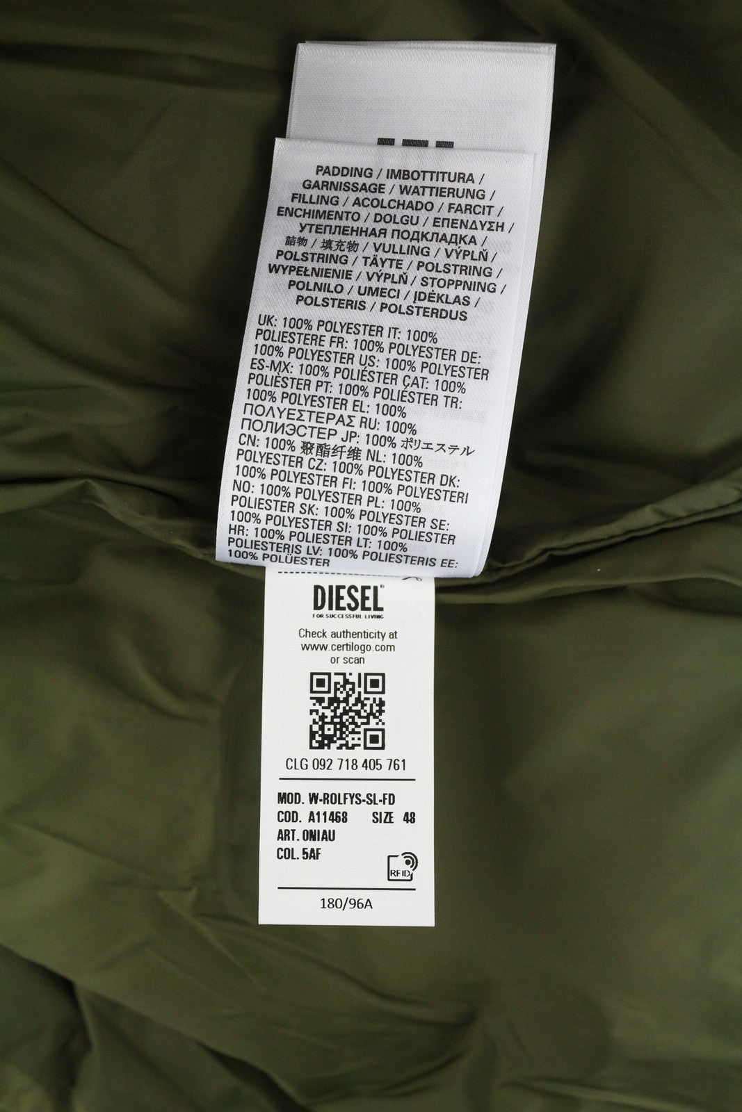 DIESEL W-Rolfys-SL-FD Men Waistcoat 48 M Khaki Removable Hood Insulated RRP€275