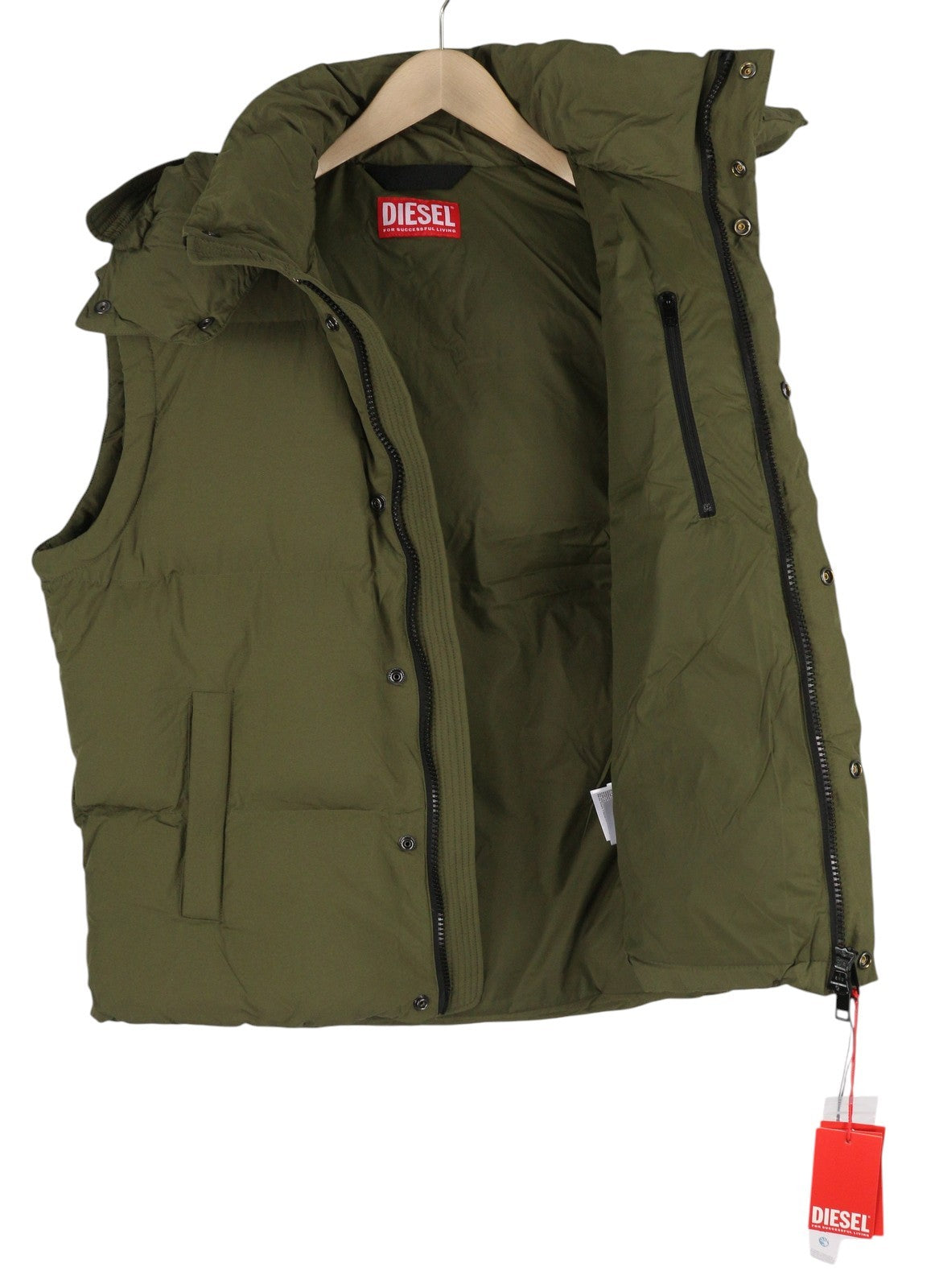 DIESEL W-Rolfys-SL-FD Men Waistcoat 48 M Khaki Removable Hood Insulated RRP€275