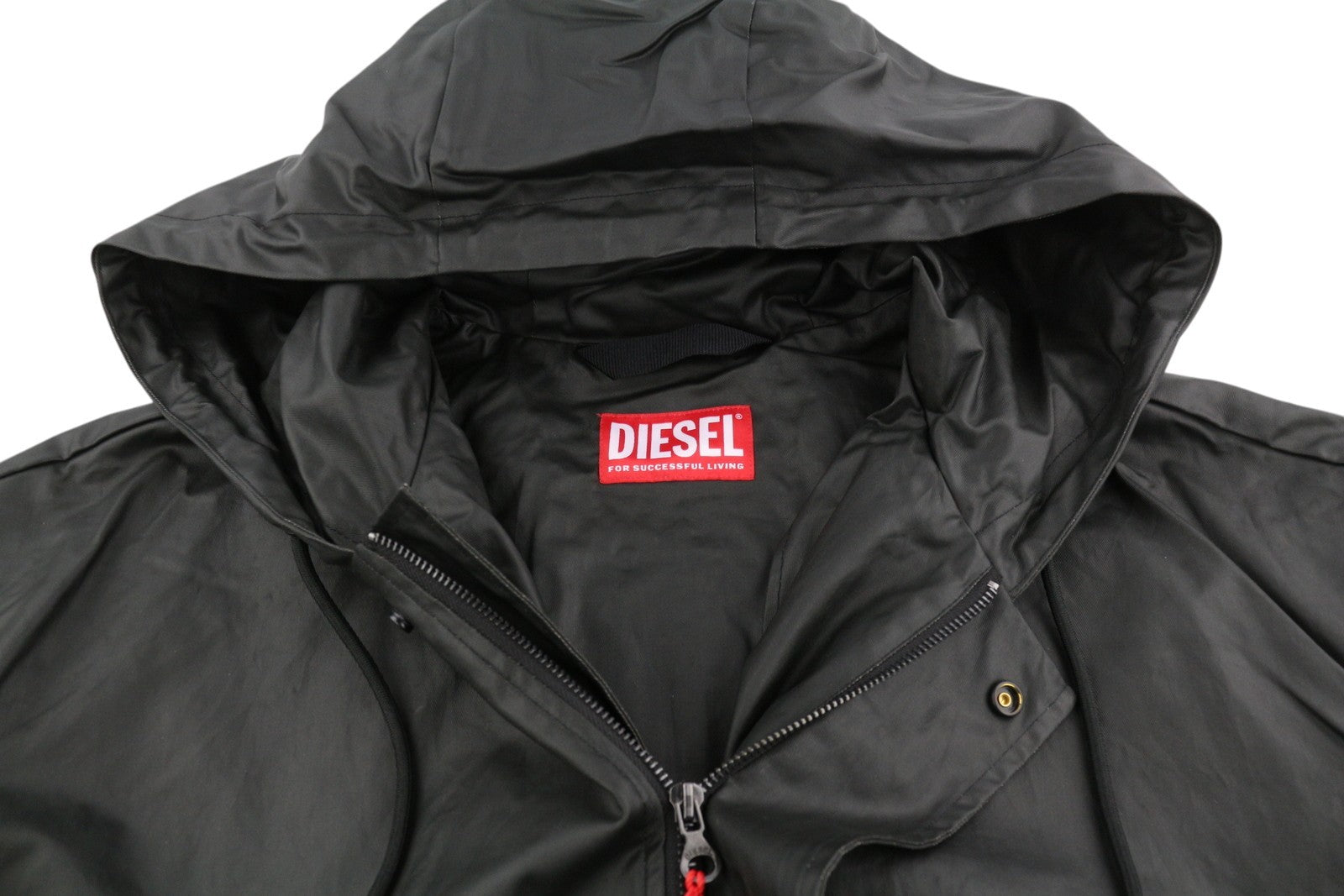 DIESEL J-Coat Men Jacket 54 Black Coated Look Hooded Unlined Logo RRP€375