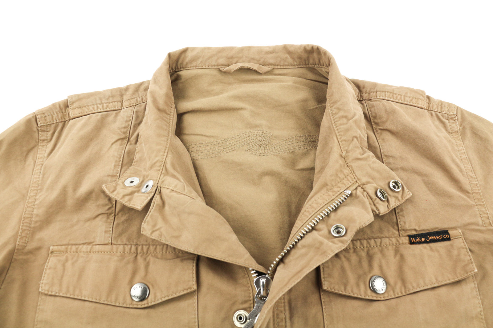 NUDIE JEANS Mick Men Jacket M Brown Patch Pockets Zipper Unlined Zip Cuff Logo