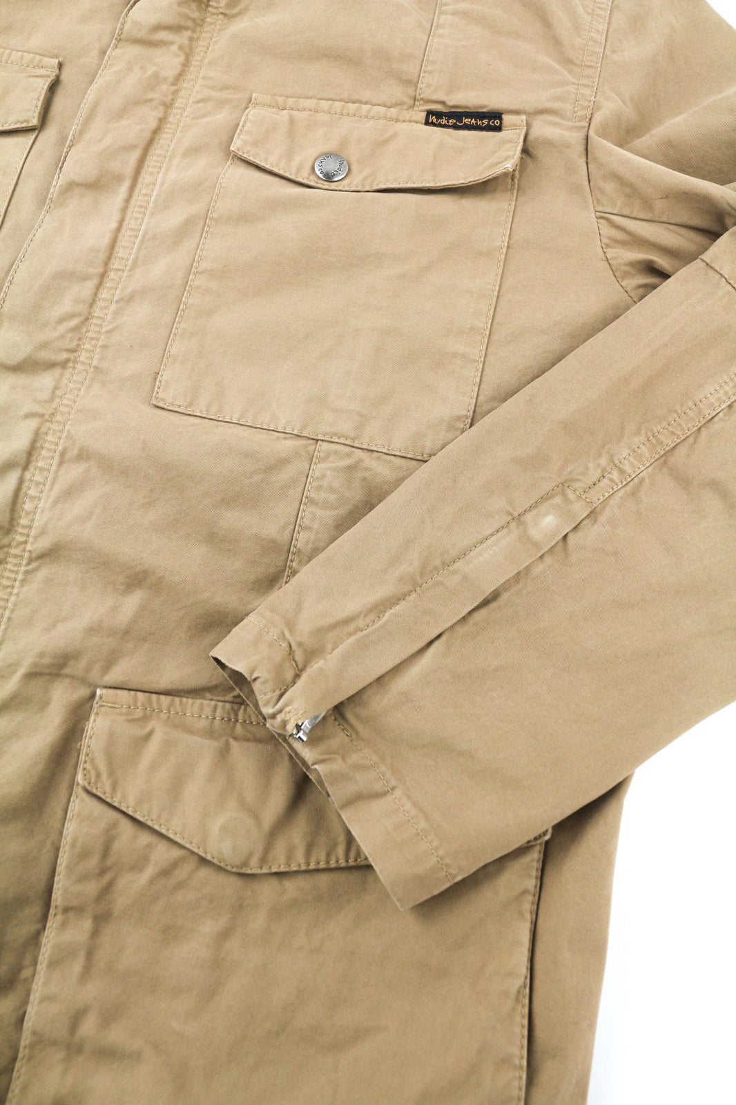 NUDIE JEANS Mick Men Jacket M Brown Patch Pockets Zipper Unlined Zip Cuff Logo
