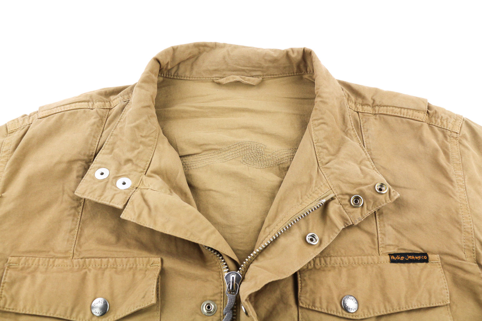 NUDIE JEANS Mick Men Jacket XL Brown Patch Pockets Zipper Unlined Zip Cuff Logo