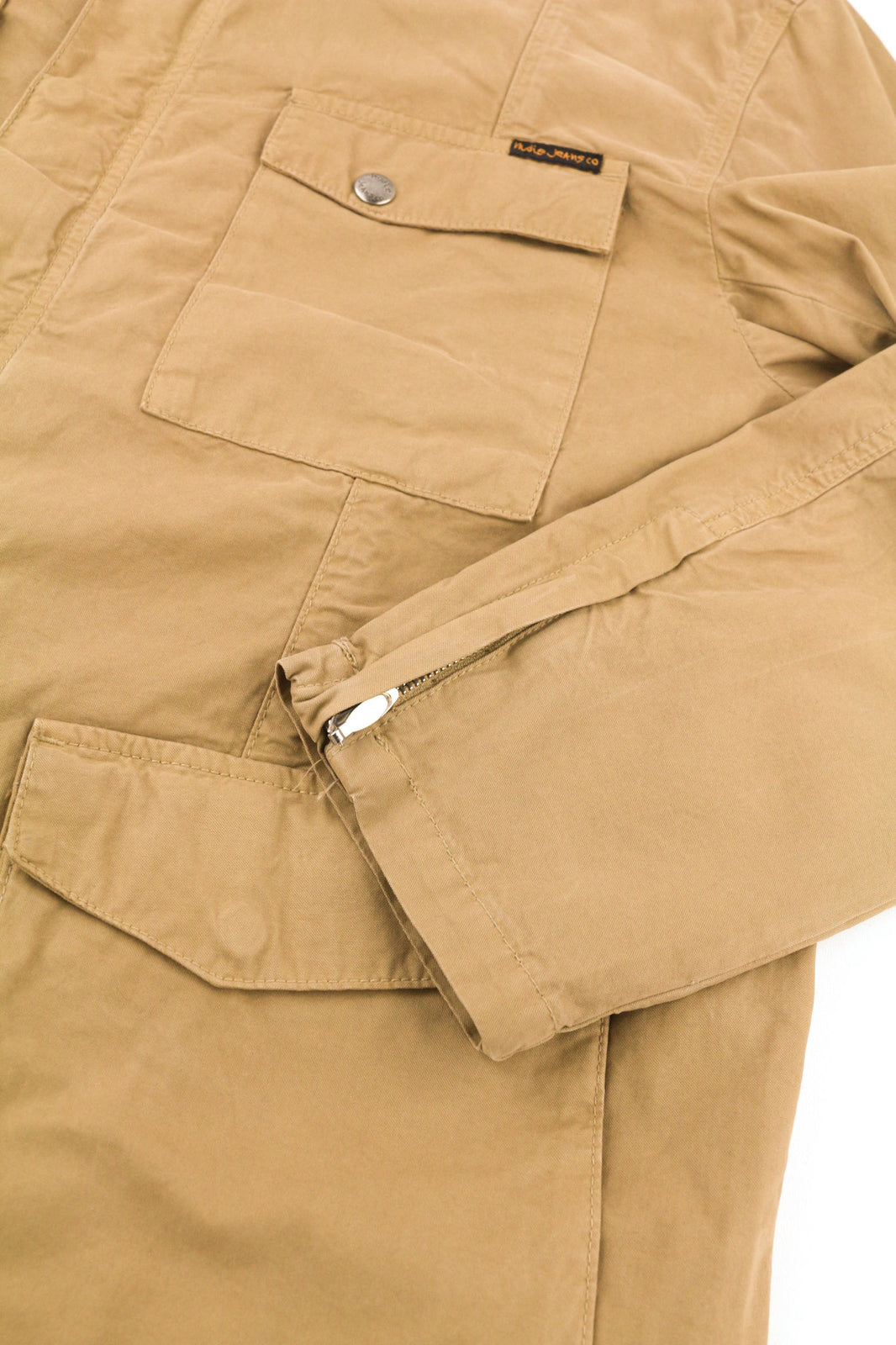 NUDIE JEANS Mick Men Jacket XL Brown Patch Pockets Zipper Unlined Zip Cuff Logo