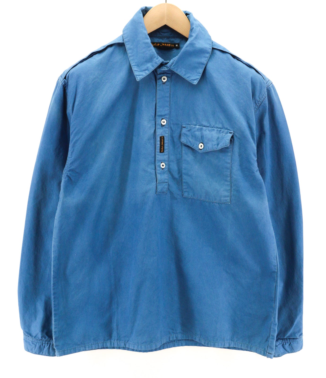 NUDIE JEANS Guado Men Shirt M Spread 1/4 Button Neck Pocket Logo Blue Pullover