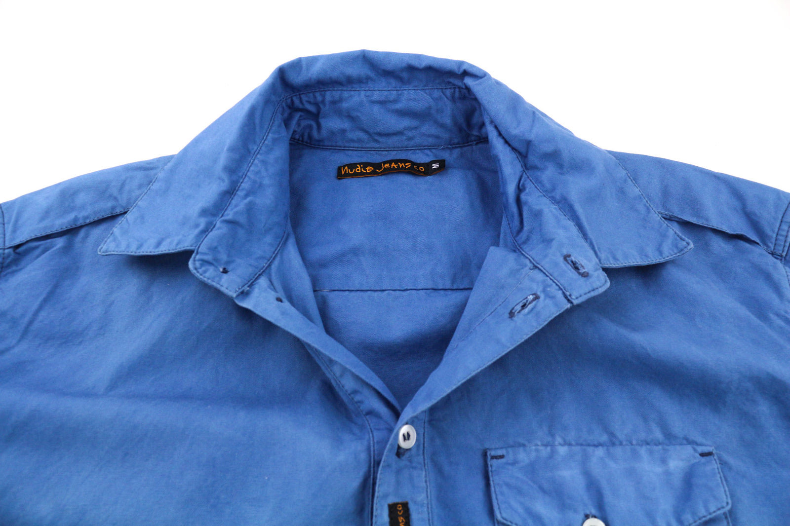 NUDIE JEANS Guado Men Shirt M Spread 1/4 Button Neck Pocket Logo Blue Pullover