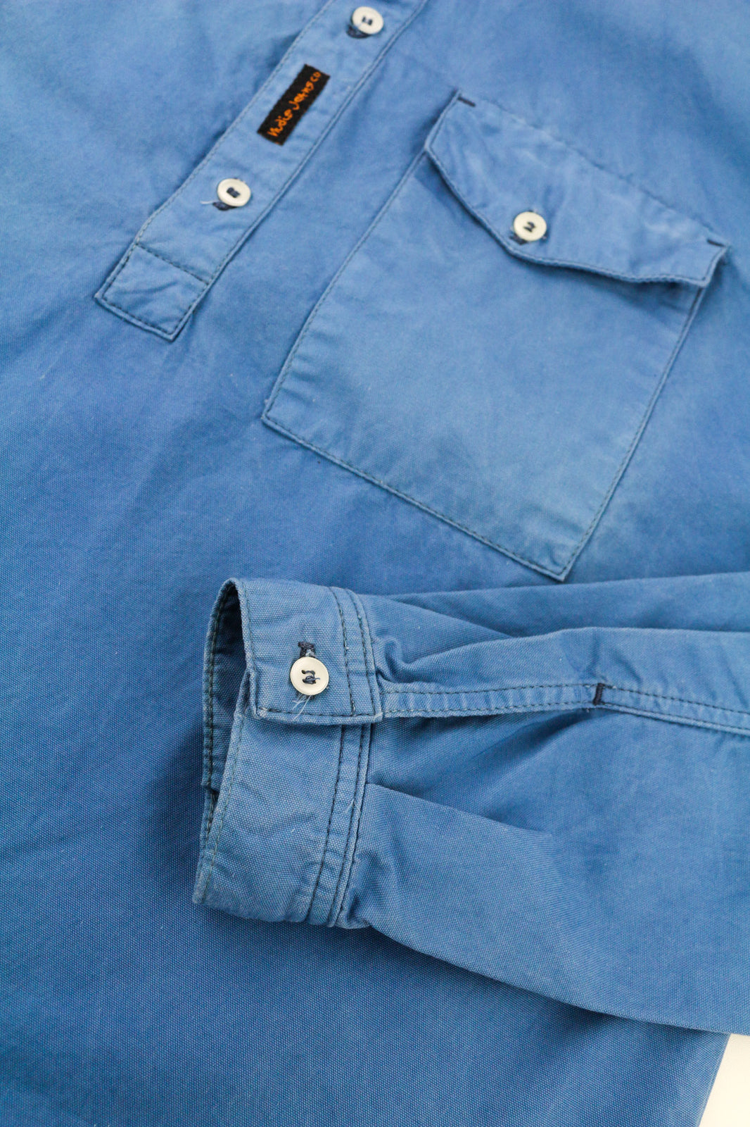 NUDIE JEANS Guado Men Shirt M Spread 1/4 Button Neck Pocket Logo Blue Pullover