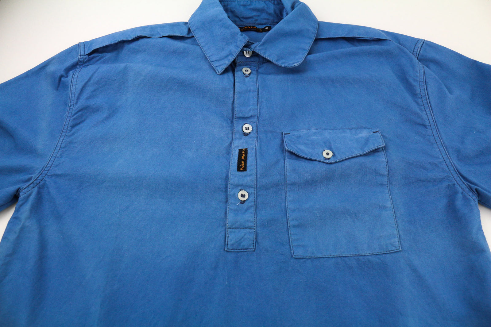NUDIE JEANS Guado Men Shirt M Spread 1/4 Button Neck Pocket Logo Blue Pullover