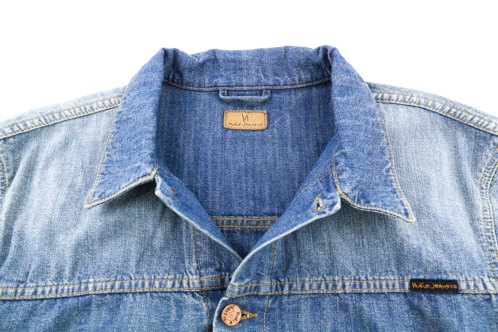 NUDIE JEANS Ronny Men Jacket 2XL Indigo Dungaree Logo Washed Buttoned Spread