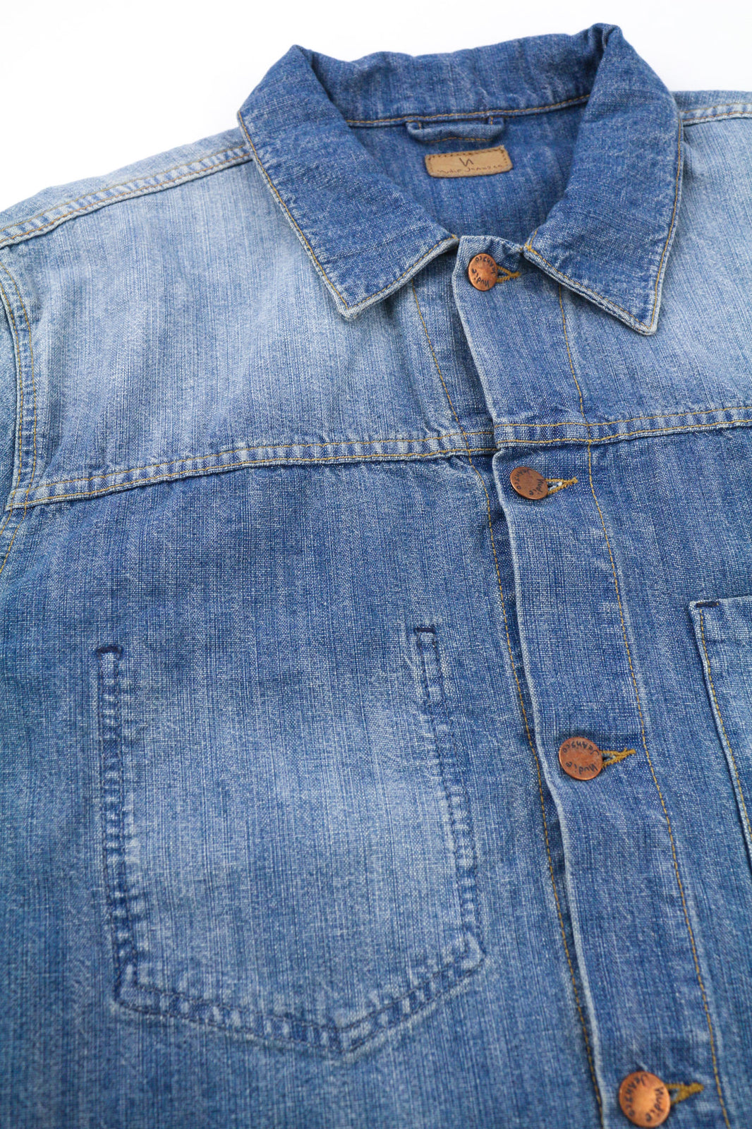 NUDIE JEANS Ronny Men Jacket 2XL Indigo Dungaree Logo Washed Buttoned Spread