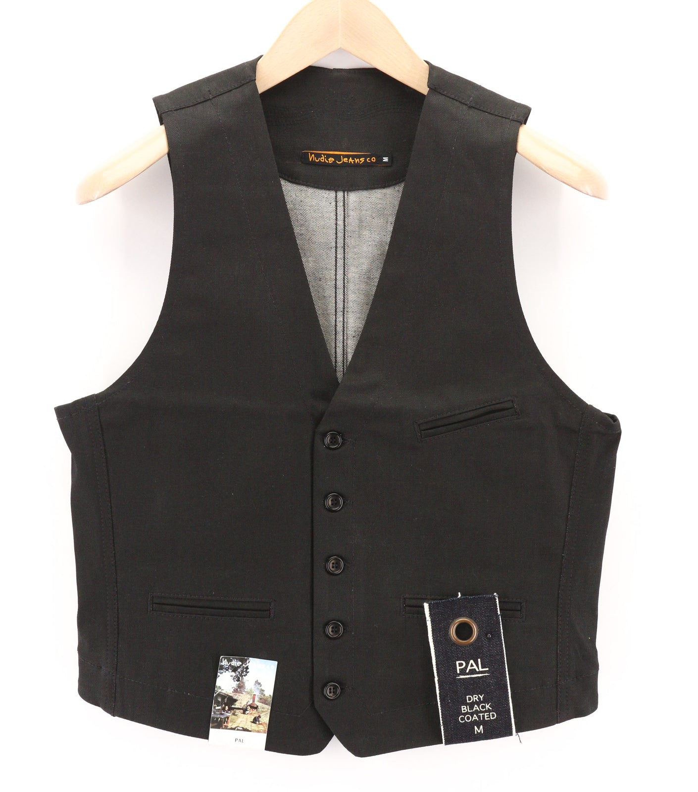 NUDIE JEANS Pal Men Vest M Dry Black Coated Buttoned Half Belt Unlined Dark