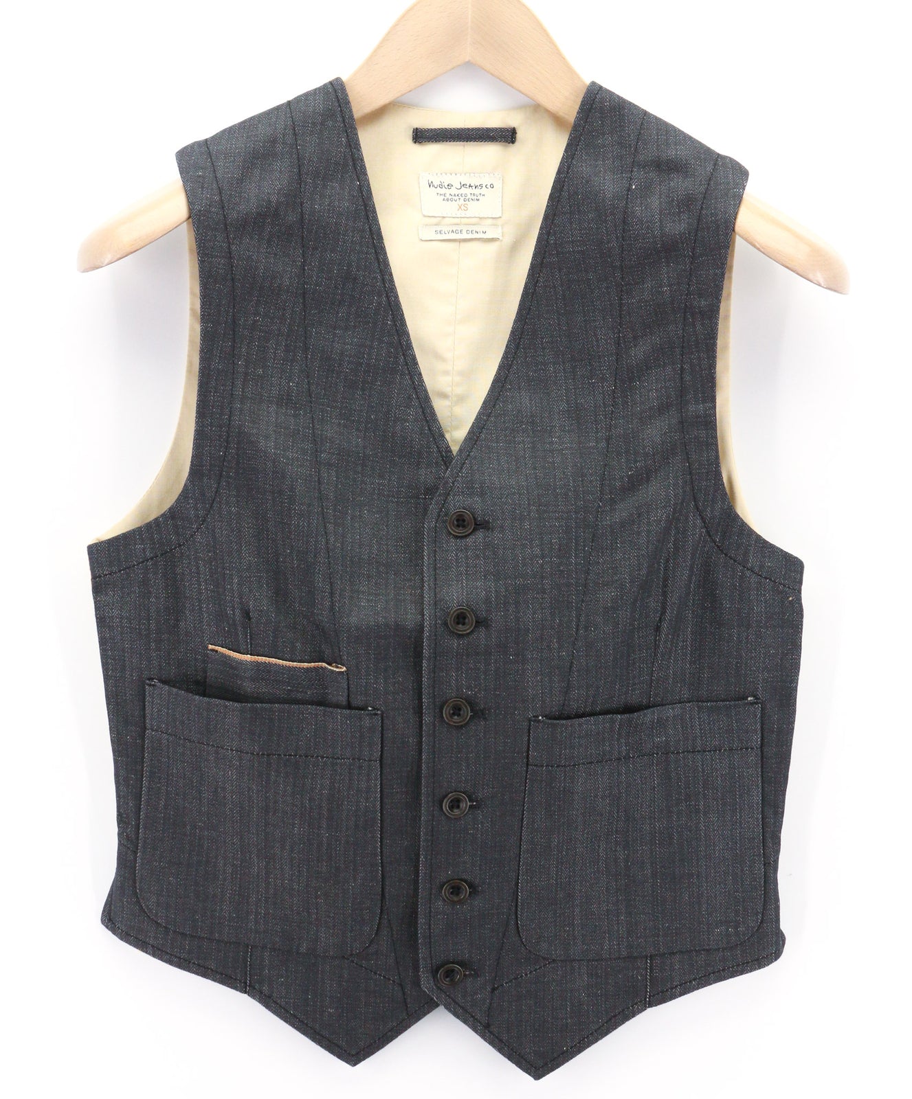 NUDIE JEANS Eino Broken Selvage Men Vest XS Buttoned Lined Patch Pockets Blue