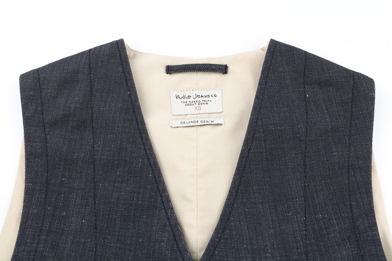 NUDIE JEANS Eino Broken Selvage Men Vest XS Buttoned Lined Patch Pockets Blue