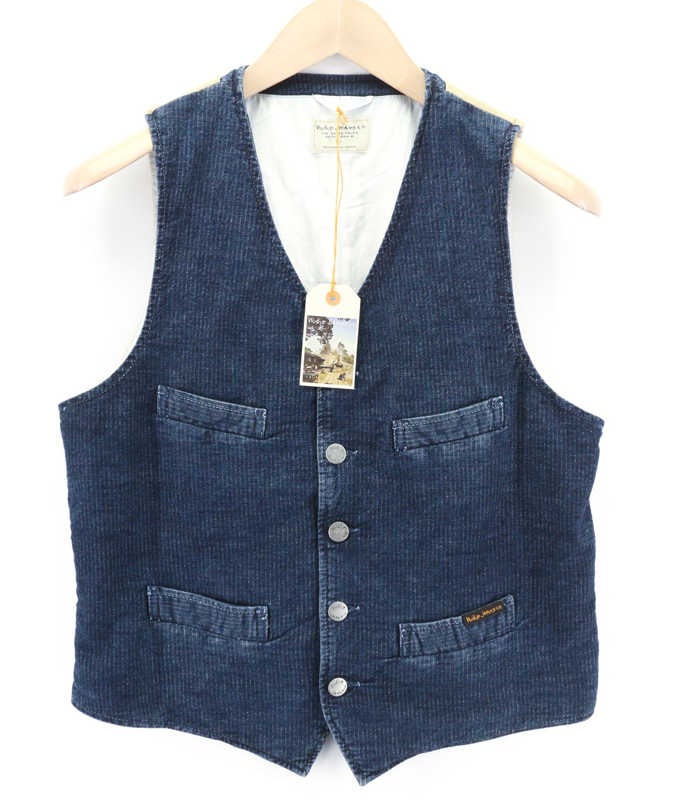 NUDIE JEANS Gustav Men Vest M Worker Stripe Denim Look Blue Buttoned Lined Logo