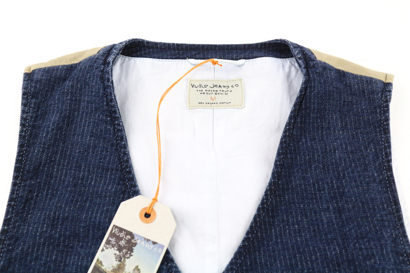 NUDIE JEANS Gustav Men Vest M Worker Stripe Denim Look Blue Buttoned Lined Logo