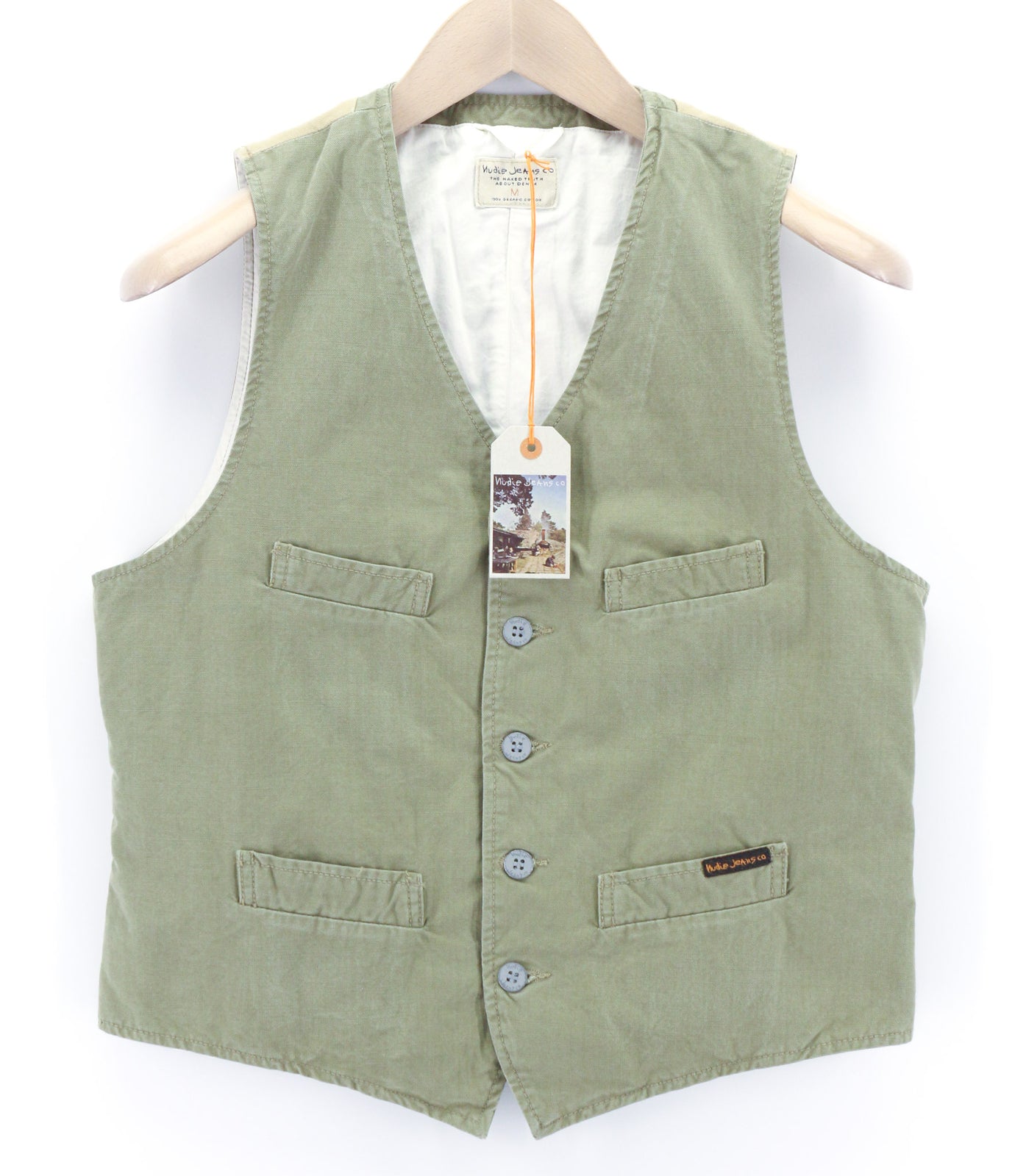 NUDIE JEANS Gustav Men Vest M Beech Green Organic Buttoned Pockets Lined Thin