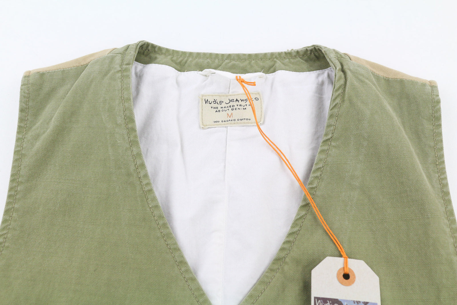 NUDIE JEANS Gustav Men Vest M Beech Green Organic Buttoned Pockets Lined Thin