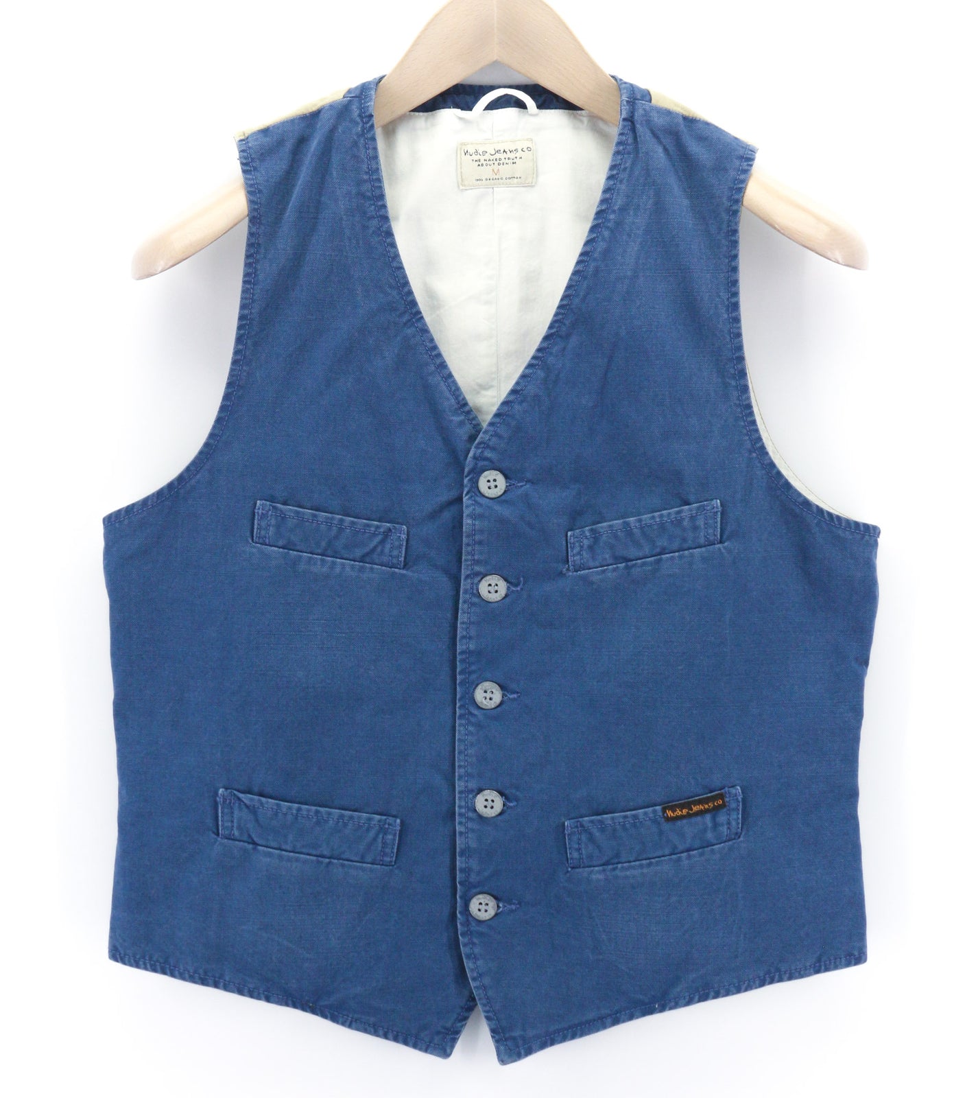 NUDIE JEANS Gustav Men Vest M Oden Blue Organic Buttoned Pockets Lined Thin