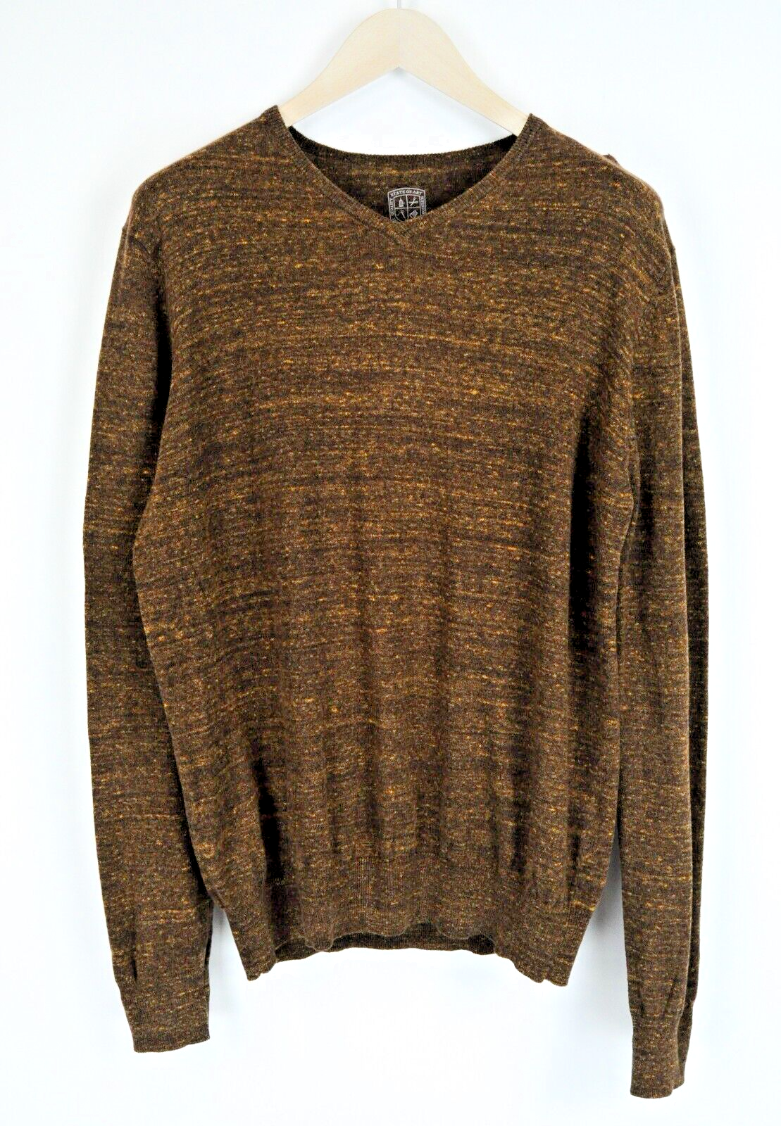 STATE OF ART Men L Brown Cotton Linen V-Neck Long Sleeve Pullover