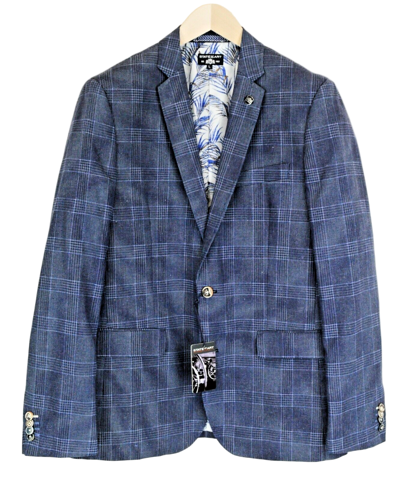 STATE OF ART Men L Blue Checked Single-Breasted Blazer Notch Collar