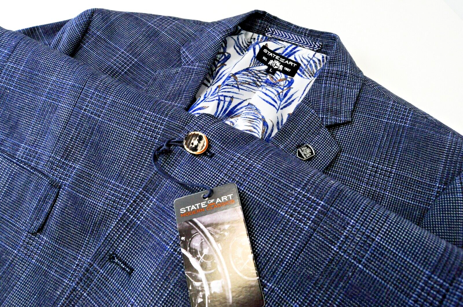 STATE OF ART Men L Blue Checked Single-Breasted Blazer Notch Collar