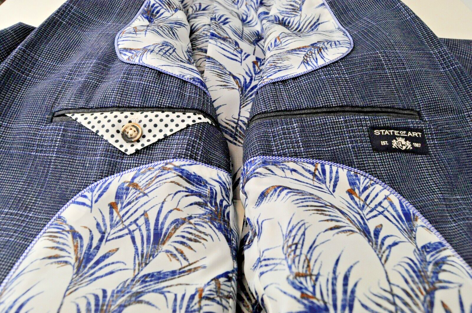 STATE OF ART Men L Blue Checked Single-Breasted Blazer Notch Collar