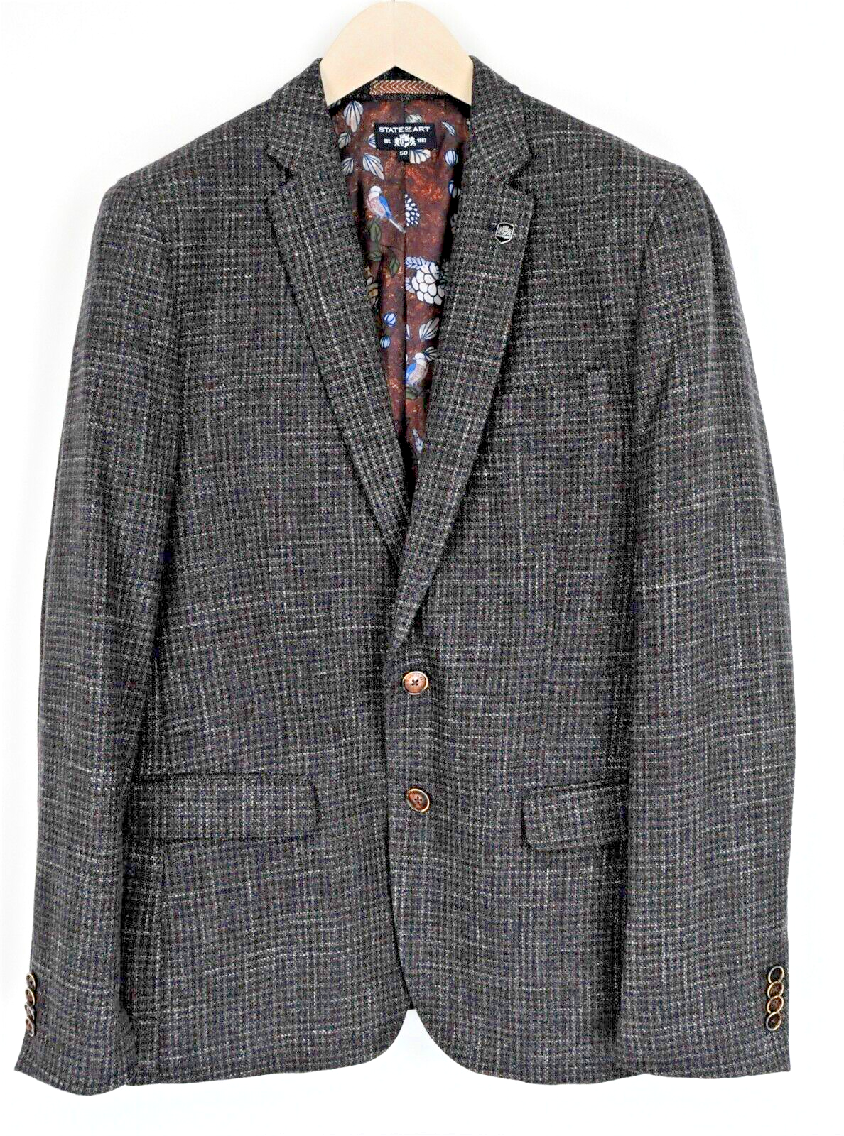 STATE OF ART Men 50 Brown Navy Cotton Wool Classic Single-Breasted Blazer