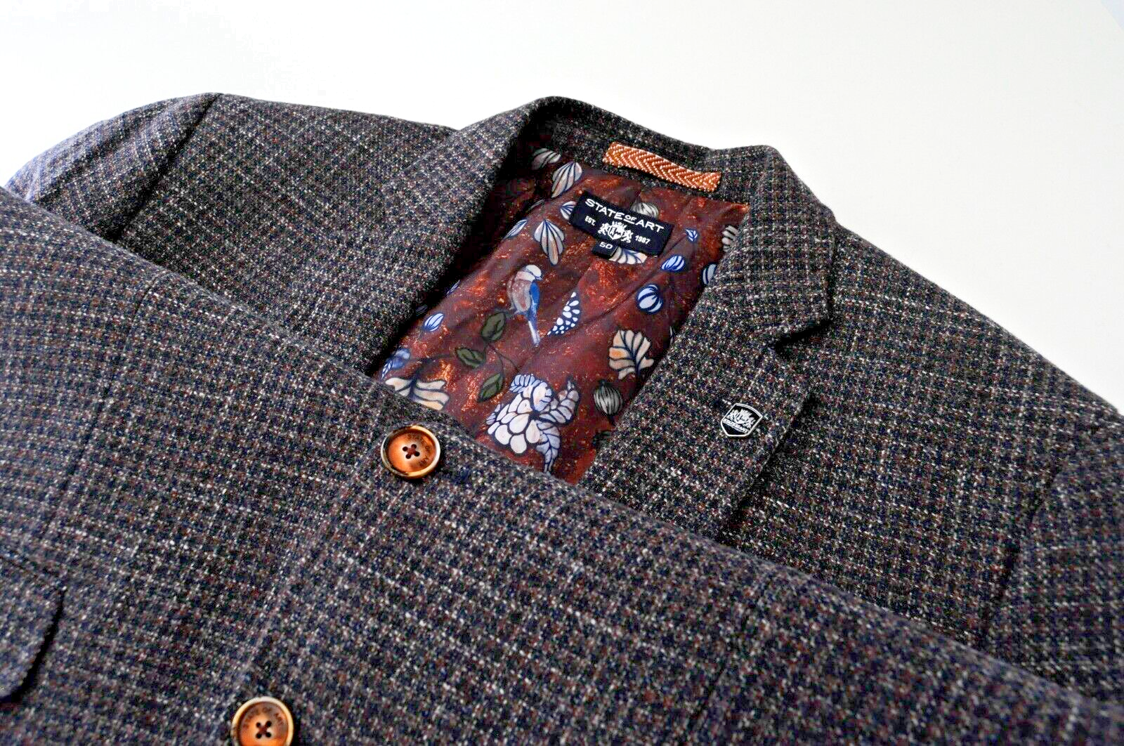 STATE OF ART Men 50 Brown Navy Cotton Wool Classic Single-Breasted Blazer