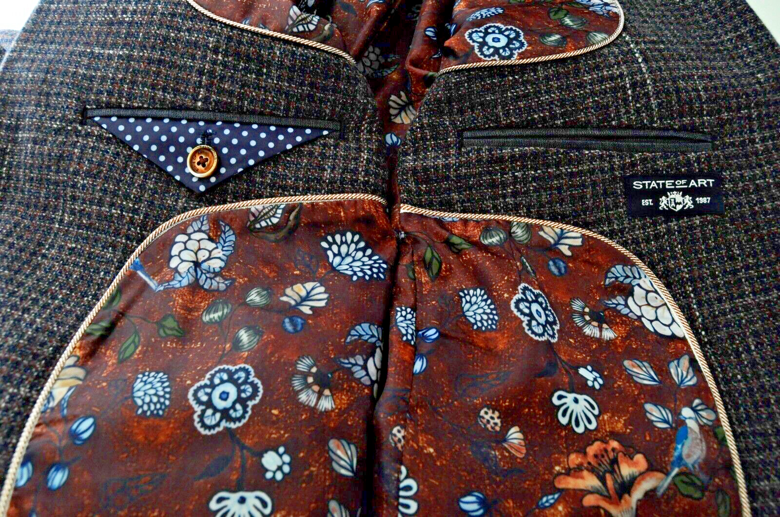 STATE OF ART Men 50 Brown Navy Cotton Wool Classic Single-Breasted Blazer