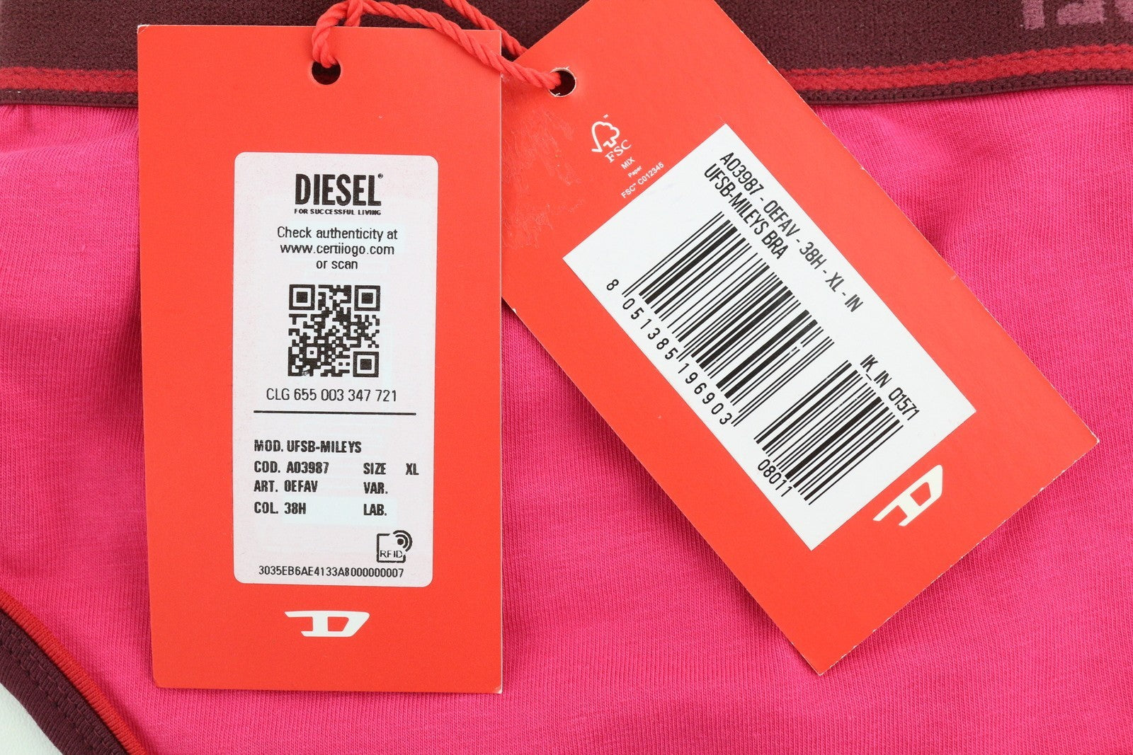 DIESEL Ufsb-Mileys Women Sports Bra XL Pink Sleeveless Round Neck Stretchy Logo