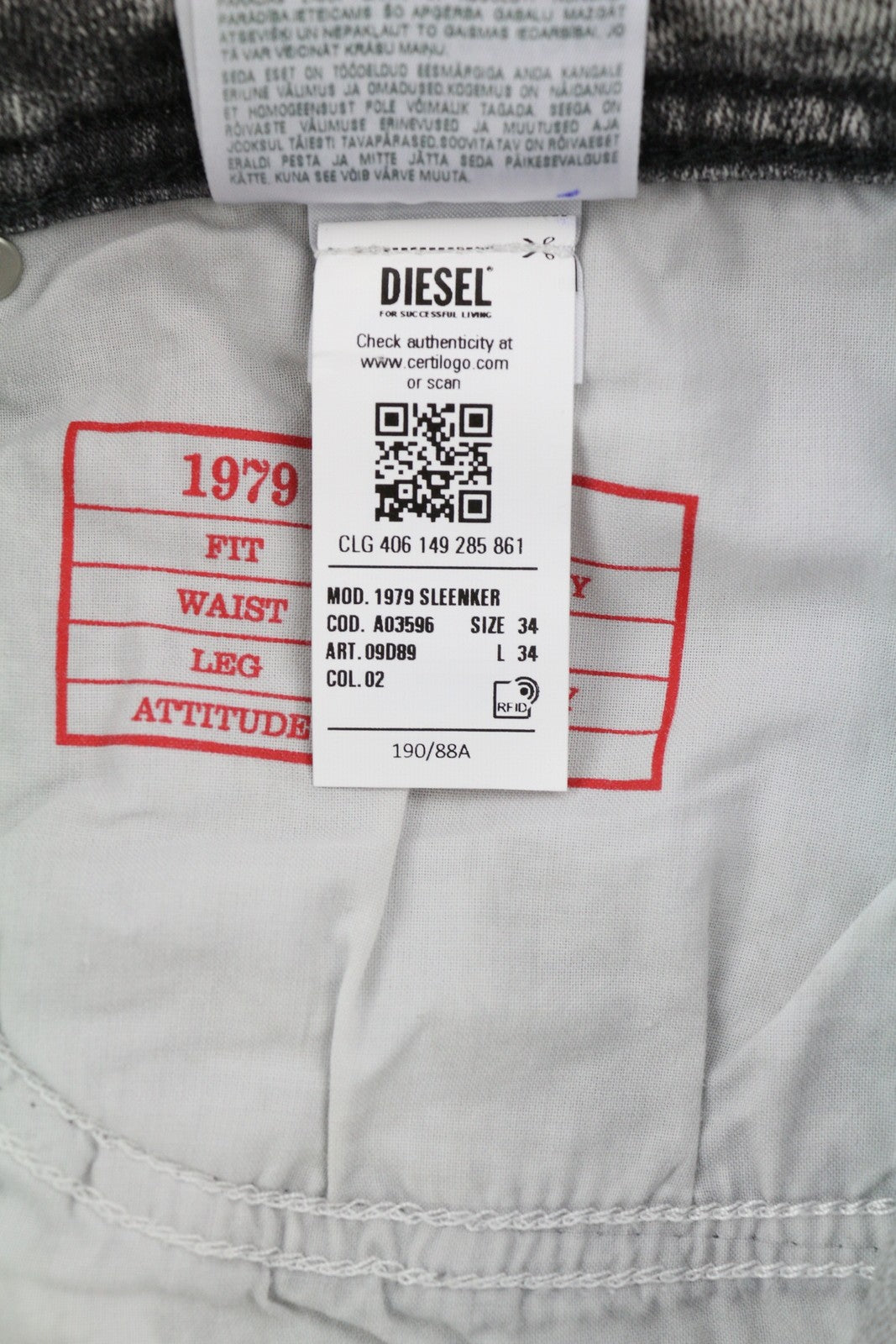 RRP€195 DIESEL 1979 Sleenker 09D89 Men Jeans W34/L34 Stretch Skinny Fit Grey