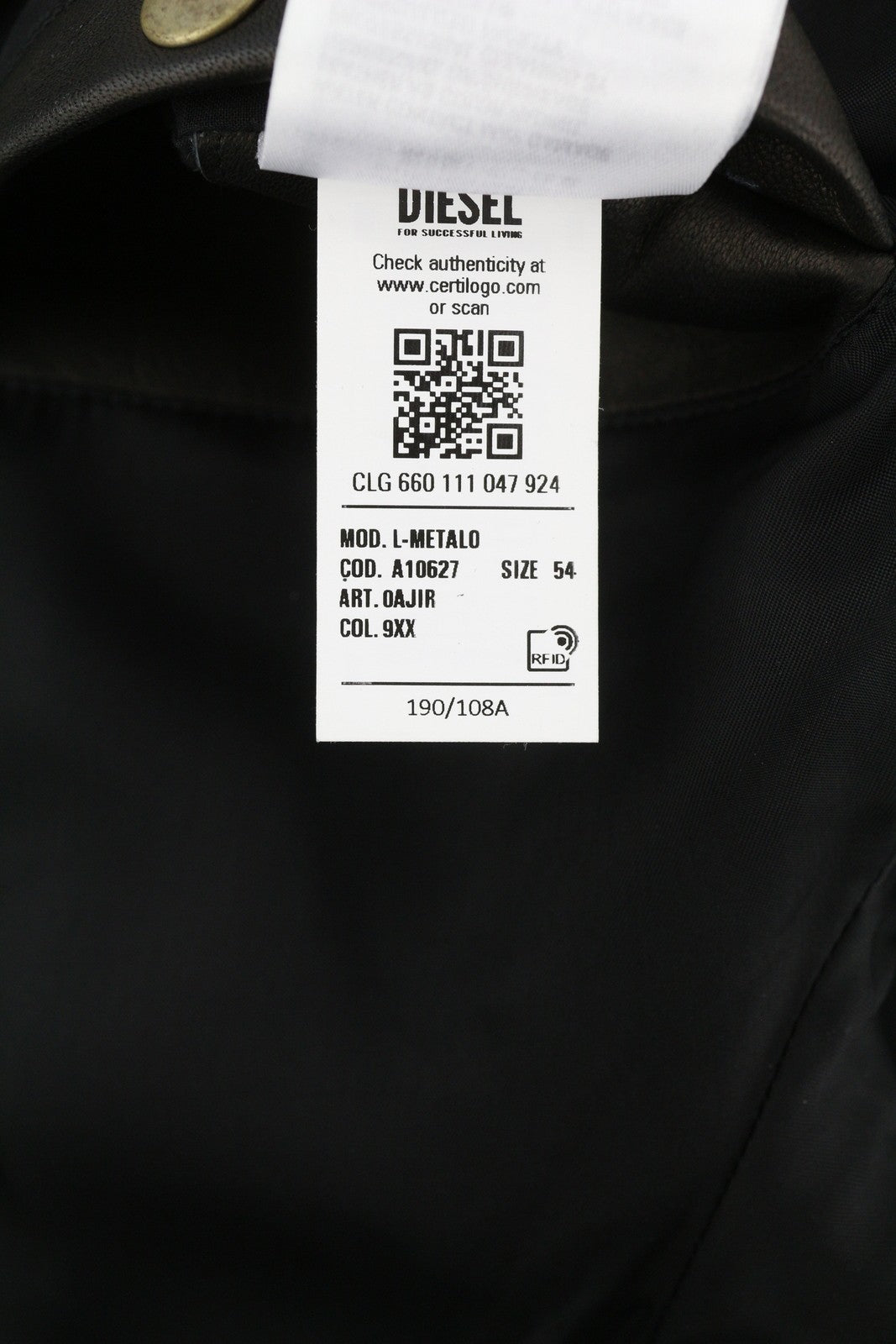 DIESEL L-Metalo Men Jacket 54 Black Sheepskin Leather Full Zip Logo RRP€795