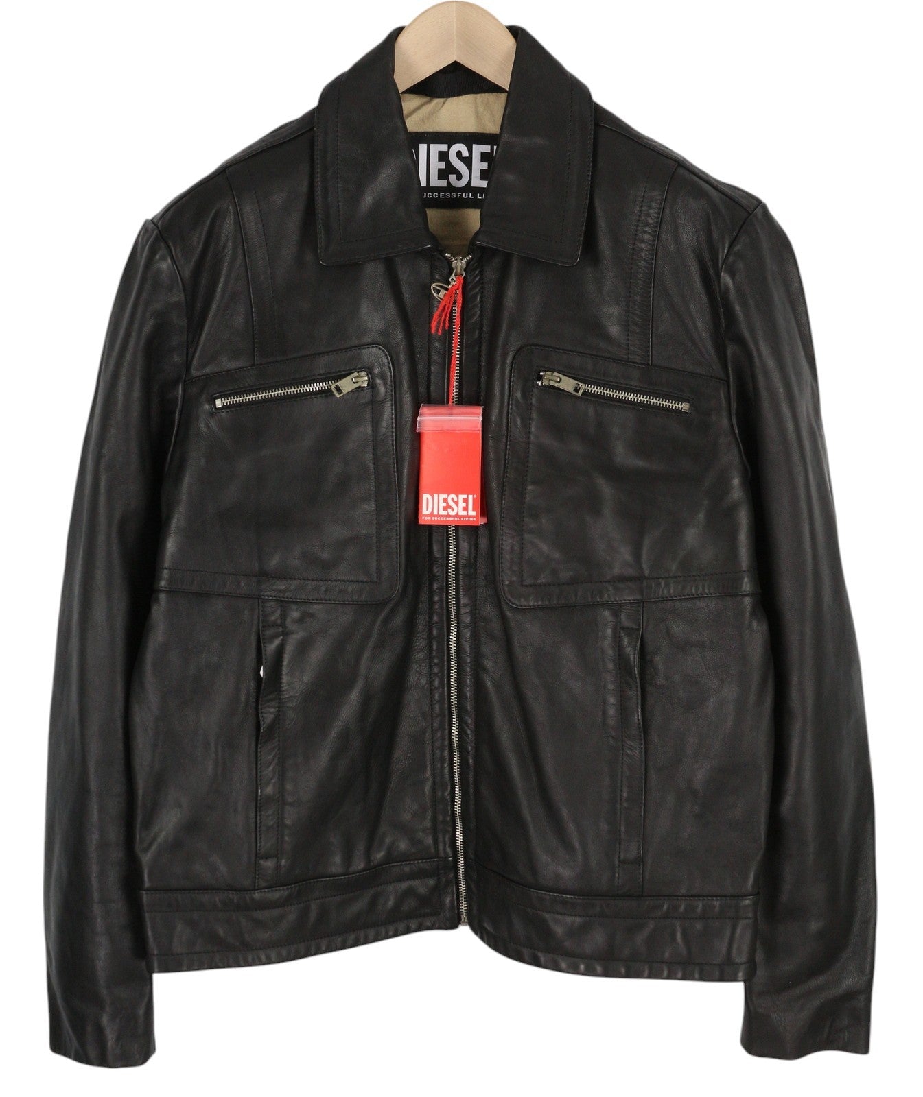 DIESEL L-Cale Men Jacket XL Black Cowhide Leather Neck Logo RRP€650