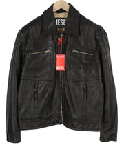 DIESEL L-Cale Men Jacket XL Black Cowhide Leather Neck Logo RRP€650