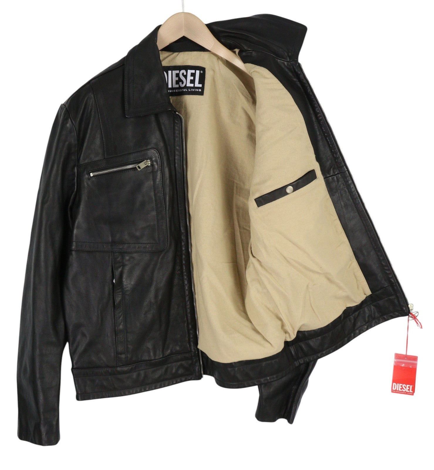 DIESEL L-Cale Men Jacket XL Black Cowhide Leather Neck Logo RRP€650