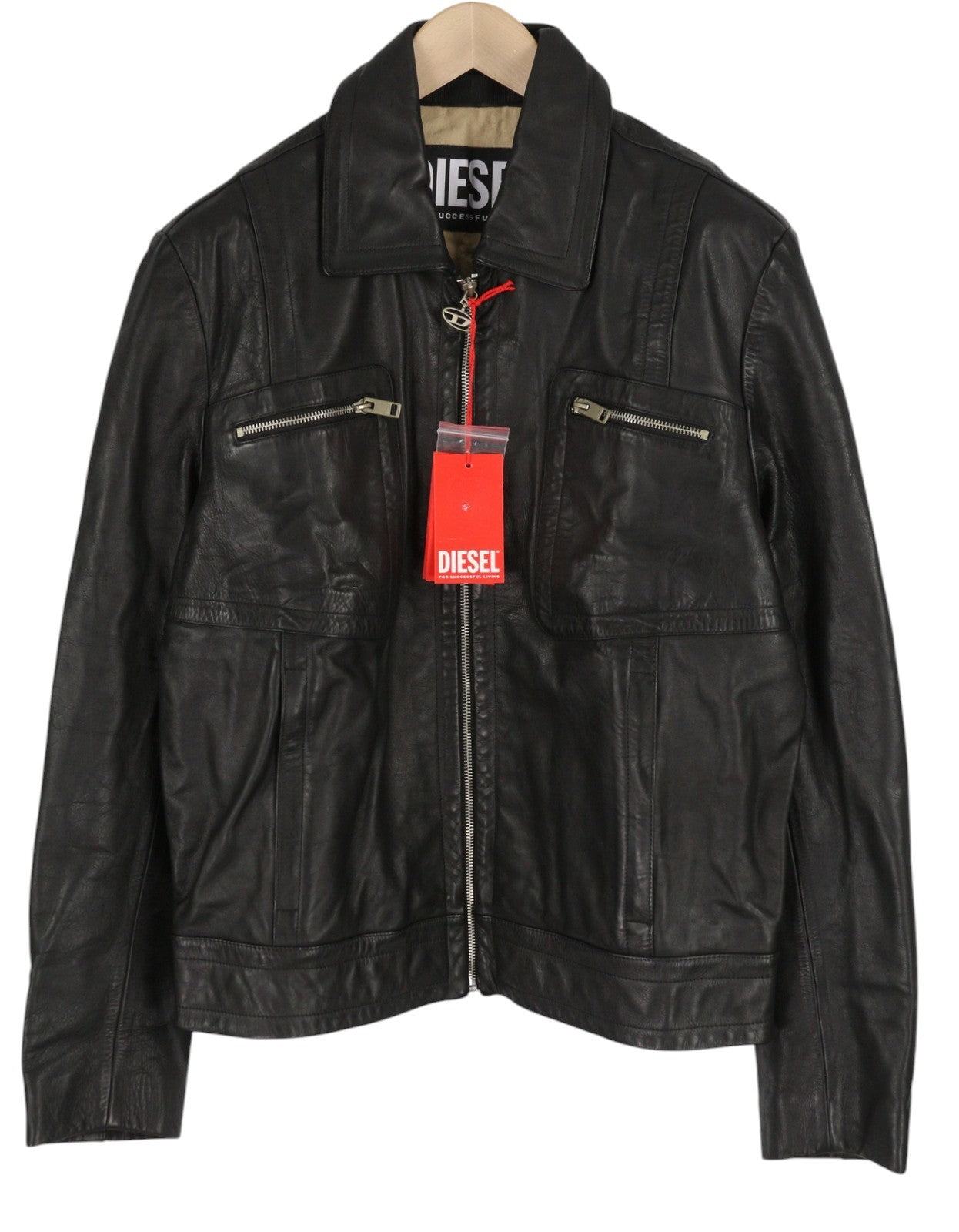 DIESEL L-Cale Men Jacket M Black Cowhide Leather Neck Logo RRP€650
