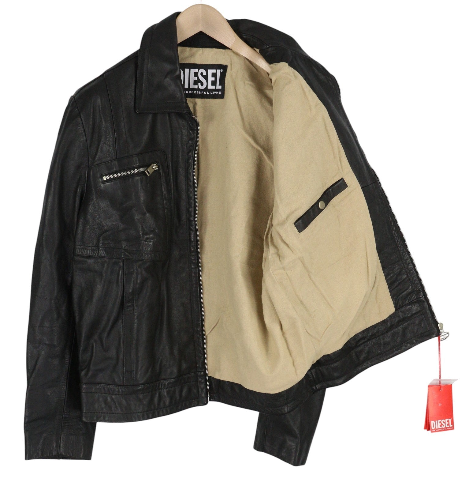 DIESEL L-Cale Men Jacket M Black Cowhide Leather Neck Logo RRP€650