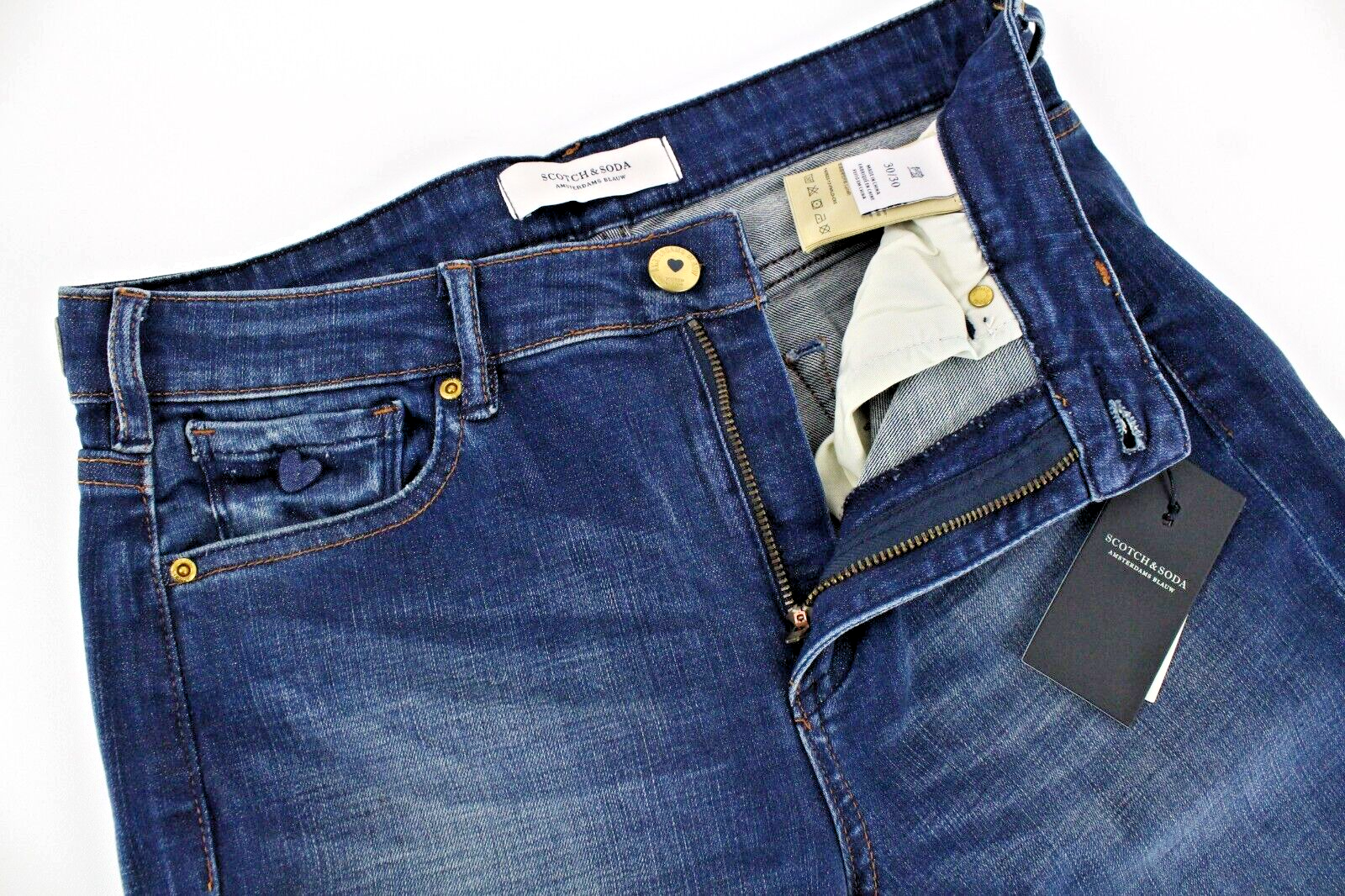 SCOTCH & SODA Women Jeans W30/L30 Blue Indigo Flare Stretch Raw Hem Classic Crop