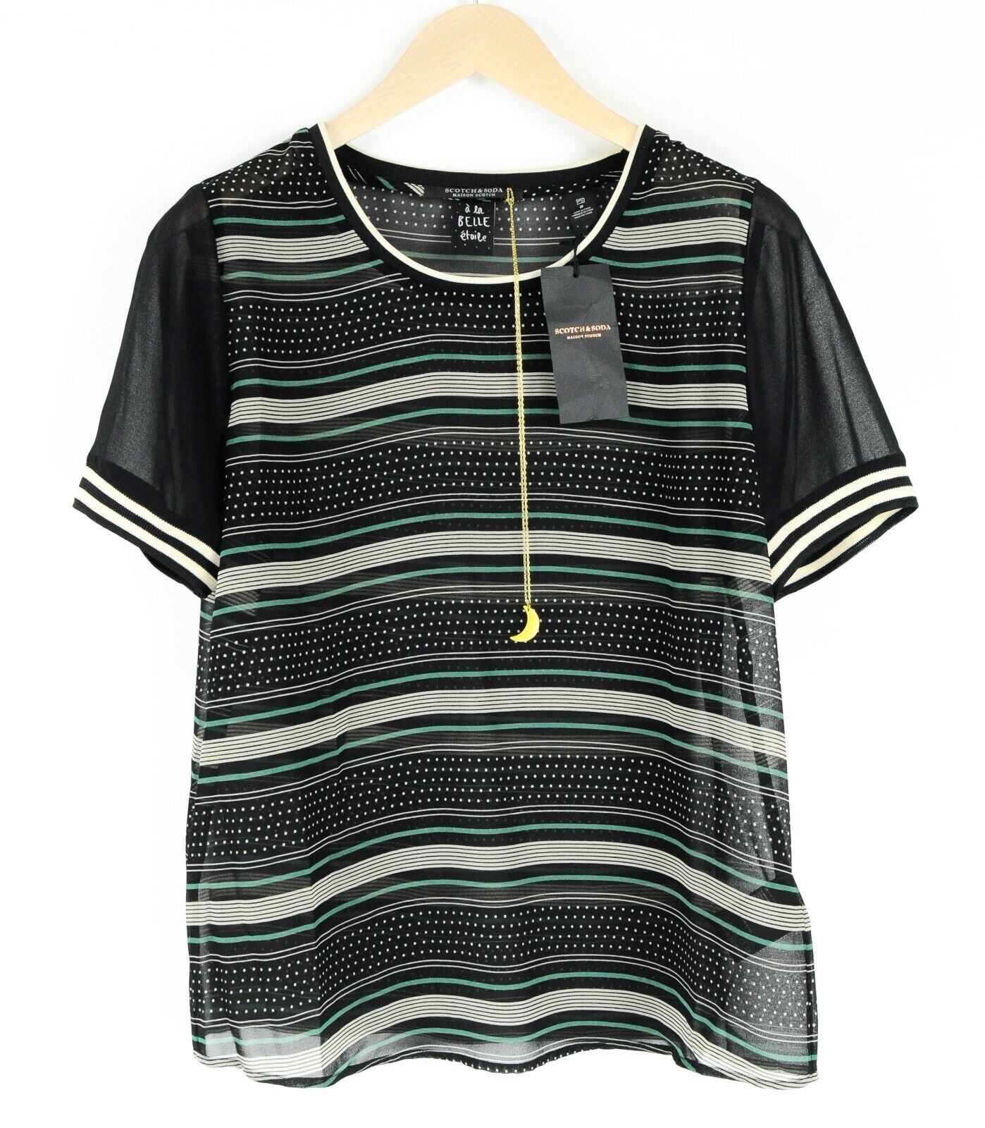 MAISON SCOTCH Women Top M Lightweight Striped Crew Neck Black Melange