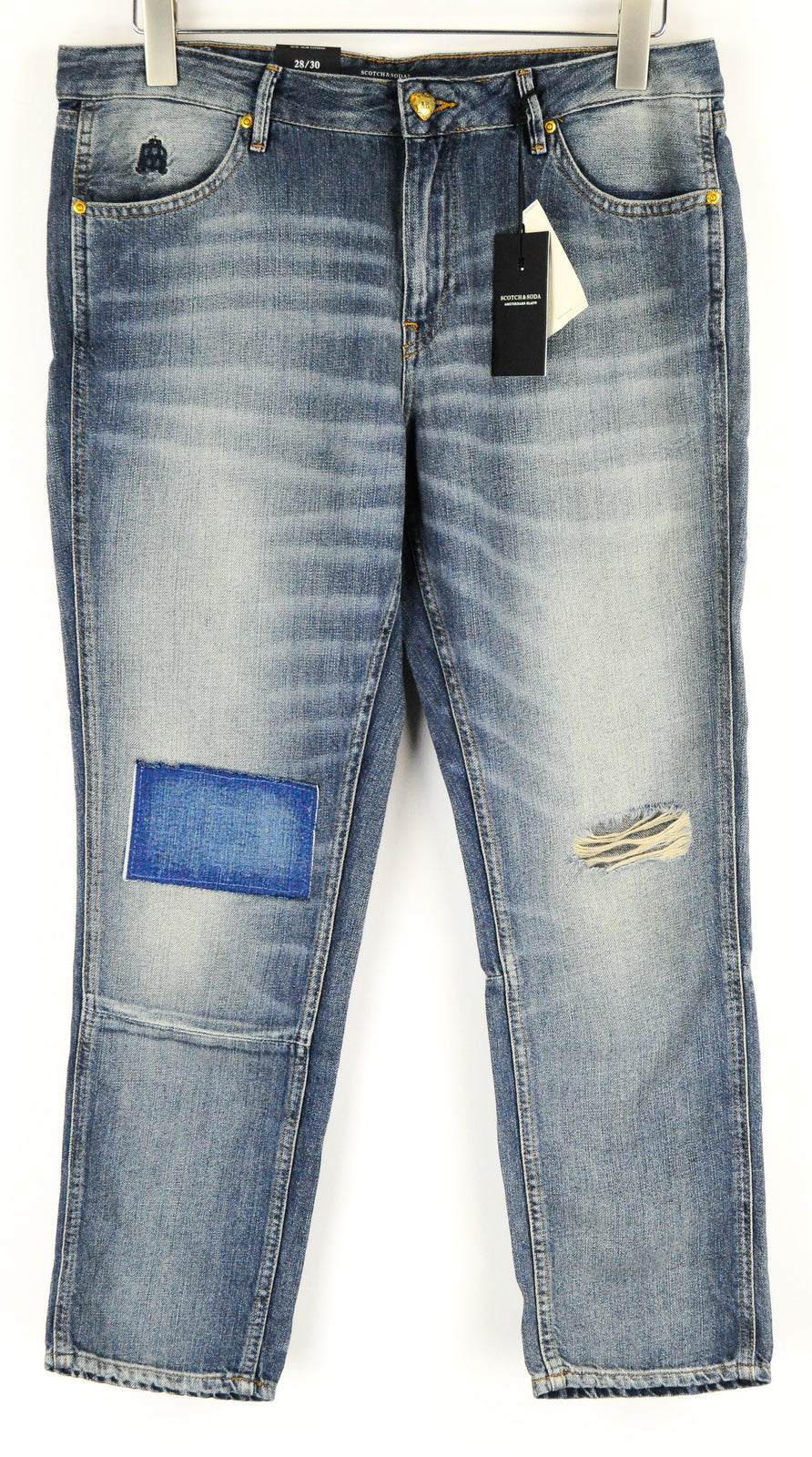 SCOTCH & SODA Bandit Women Jeans W28/L30 Slim Tapered Cotton Linen Blue Ripped