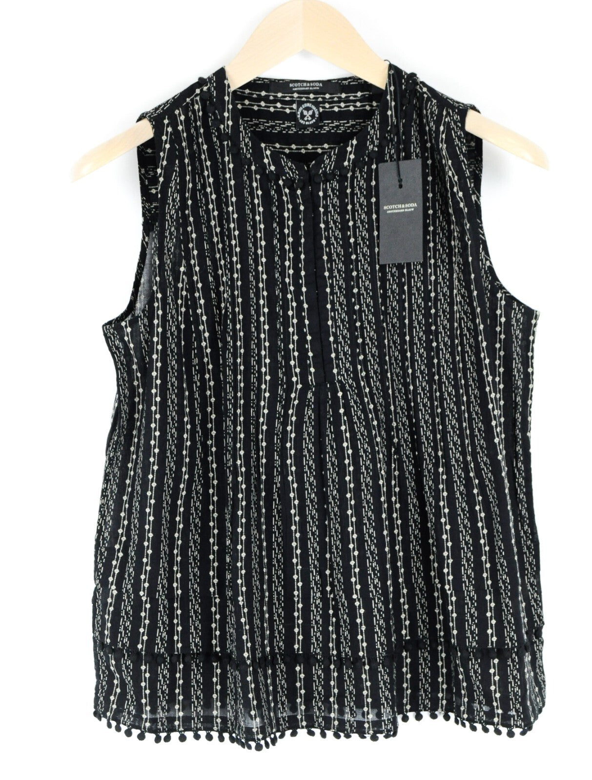SCOTCH & SODA Women Black Tank Top S Sleeveless Melange Tiered Pom Poms Print