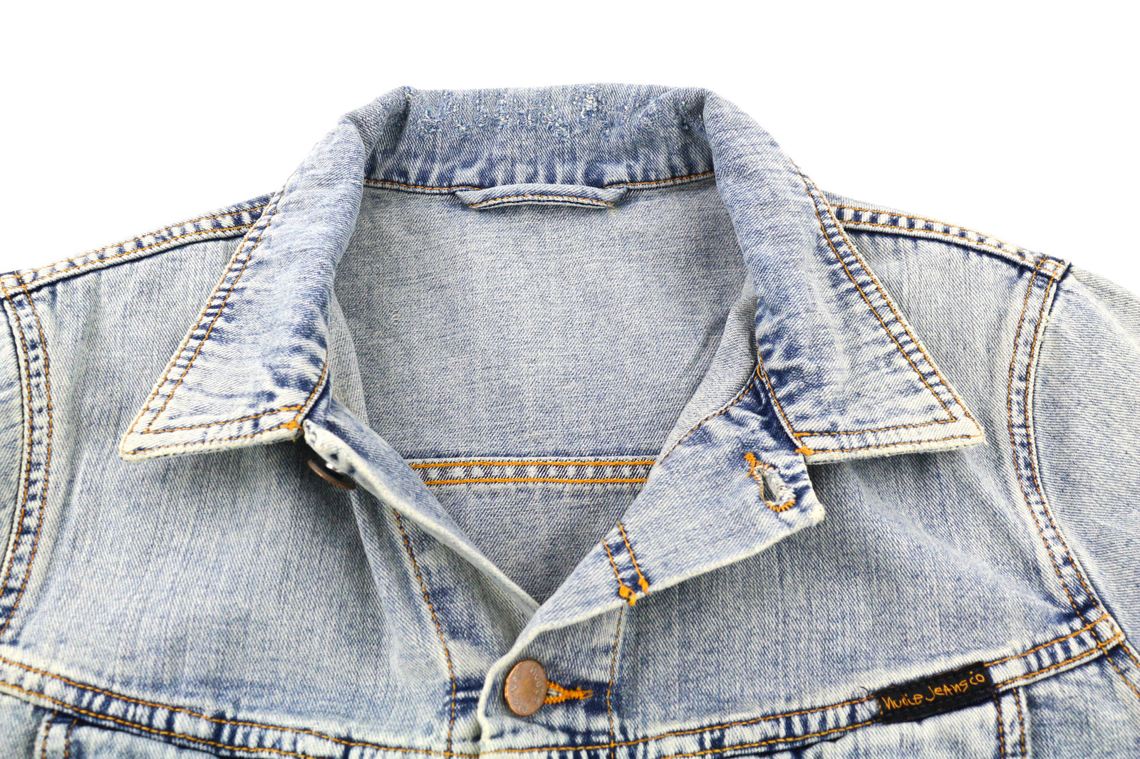 NUDIE JEANS Terry Men Jacket S Denim Bleach Blue Washed Spread Neck Buttoned