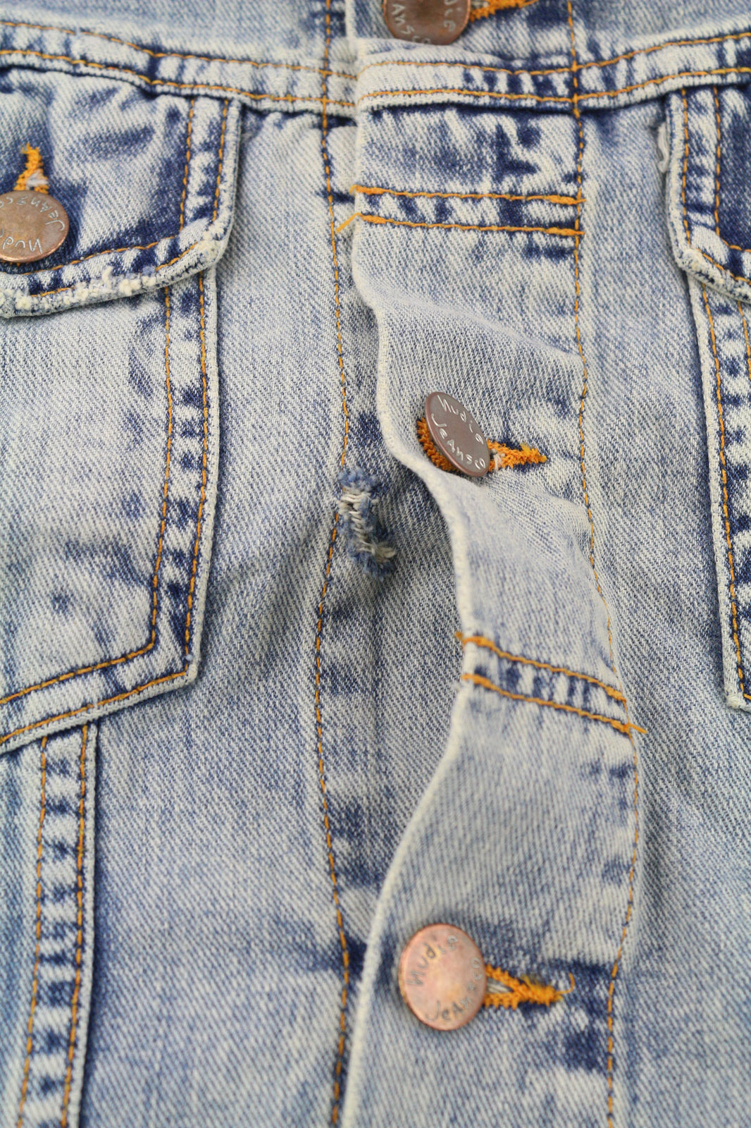 NUDIE JEANS Terry Men Jacket S Denim Bleach Blue Washed Spread Neck Buttoned