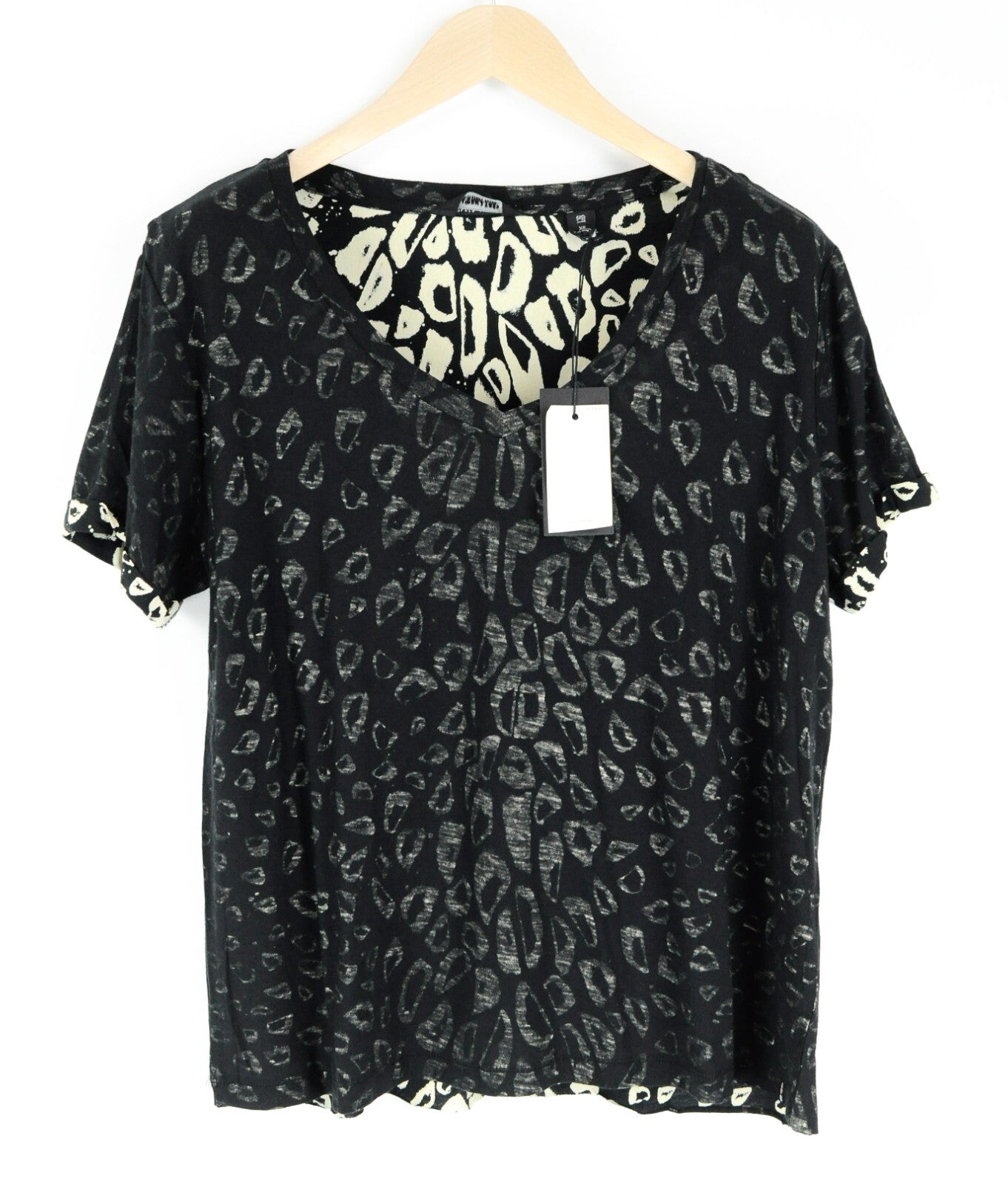 SCOTCH & SODA Women T-Shirt XS Animal Print V-Neck Black Melange Relaxed Fit