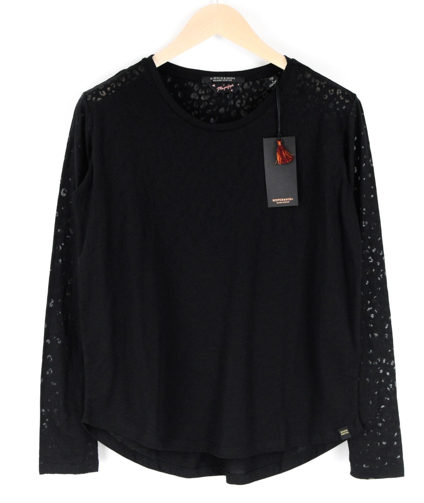 MAISON SCOTCH Women Long Sleeve T-Shirt S Leopard Print Crew Neck Black Sheer