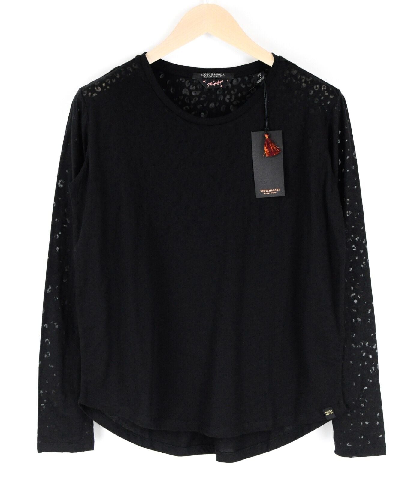 MAISON SCOTCH Women T-Shirt S Black Leopard Print Sheer Crew Neck Long Sleeve