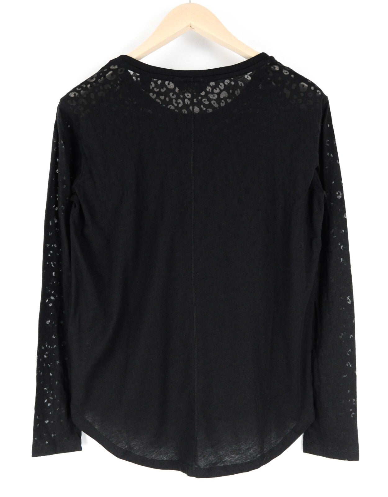 MAISON SCOTCH Women T-Shirt S Black Leopard Print Sheer Crew Neck Long Sleeve