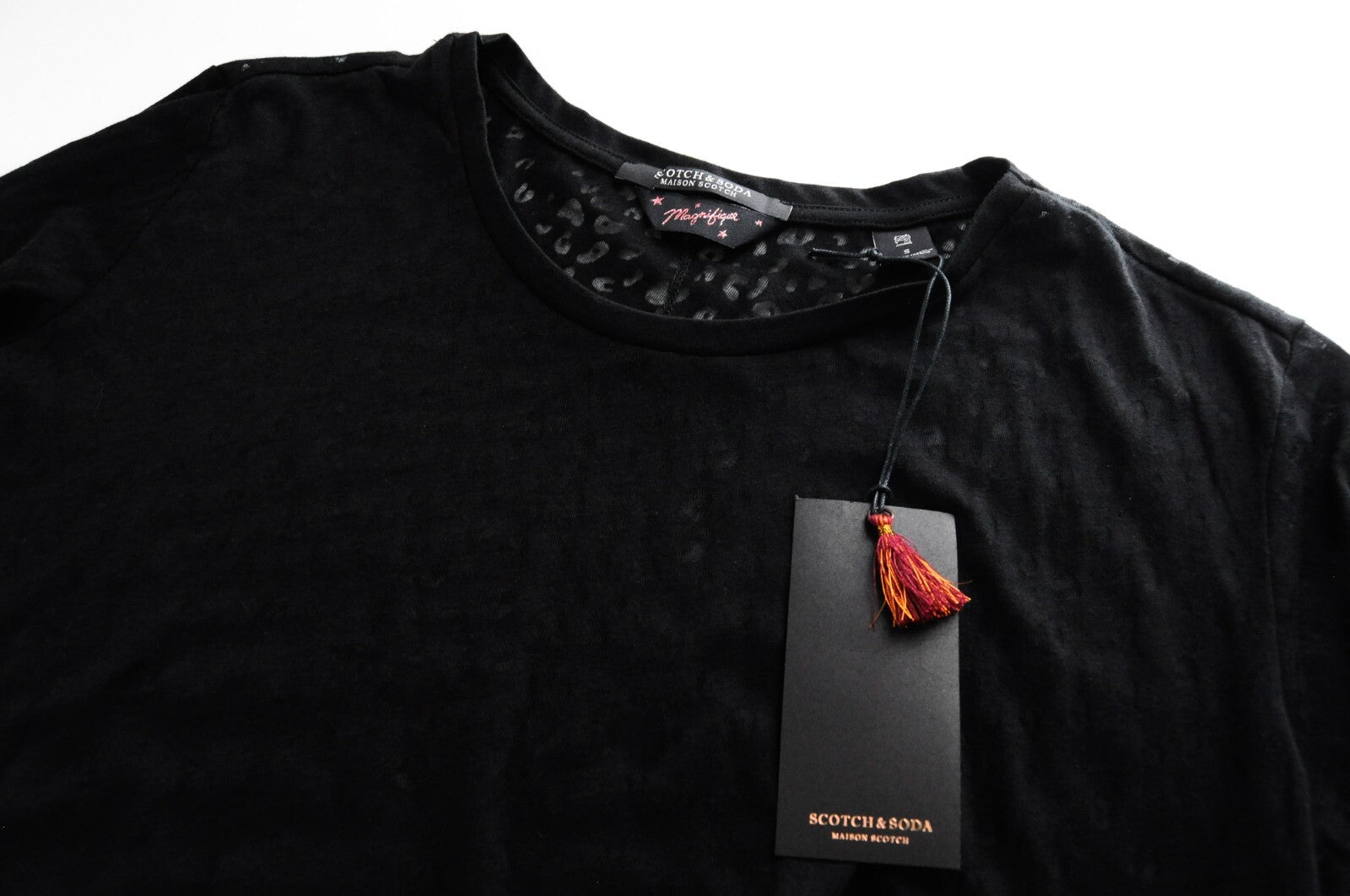 MAISON SCOTCH Women T-Shirt S Black Leopard Print Sheer Crew Neck Long Sleeve