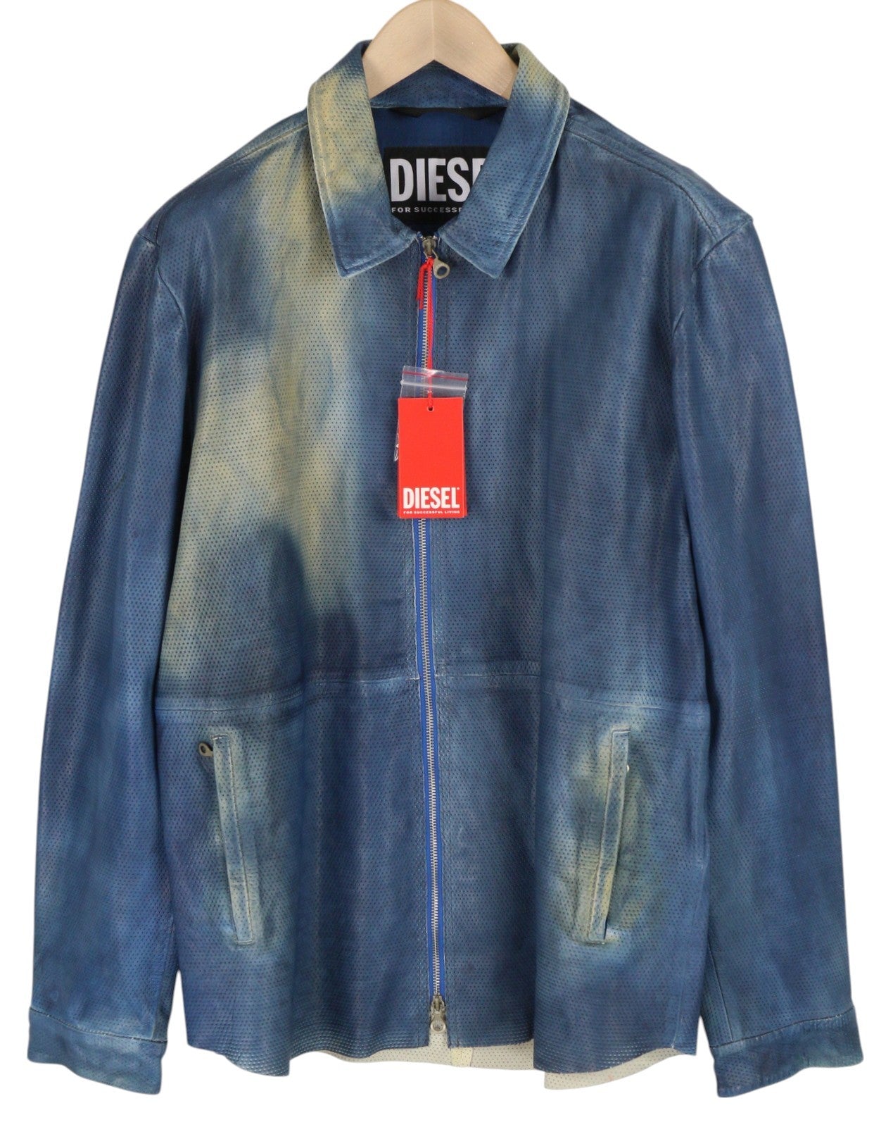 DIESEL L-Clime Men Jacket 52 Washed Blue Sheepskin Leather Zipper RRP€750